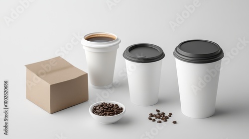 Tres vasos de café para llevar y una caja de cartón sobre un fondo blanco minimalista. Ideal para conceptos relacionados con cafeterías, bebidas para llevar y sostenibilidad en el envasado. photo