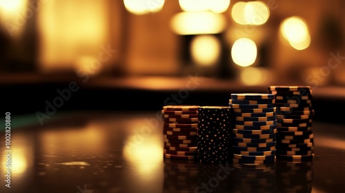 A contemplative image of poker chips under soft casino lighting, evoking a sense of mystery and allure in gambling.