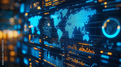 Pantalla tecnológica que muestra mapas del mundo y gráficos con datos globales. La imagen es perfecta para representar el análisis de datos a gran escala y la tecnología avanzada.