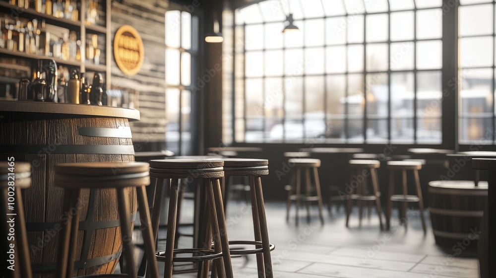 Naklejka premium Side view of a group of stools in a bar, barrel table behind them, clear windows creating a bright, open space