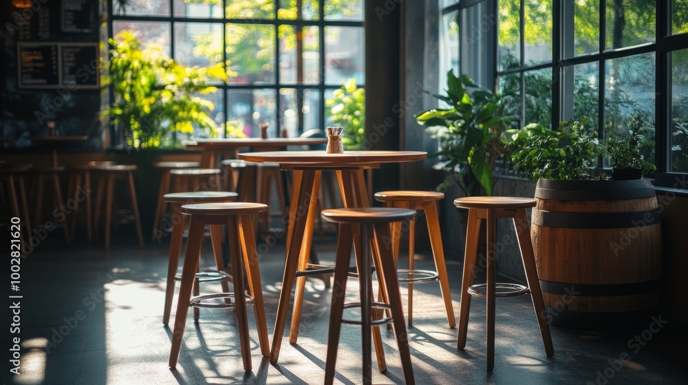 Fototapeta premium Side view of a group of stools in a restaurant, barrel table visible behind them, bright natural light from clear windows.