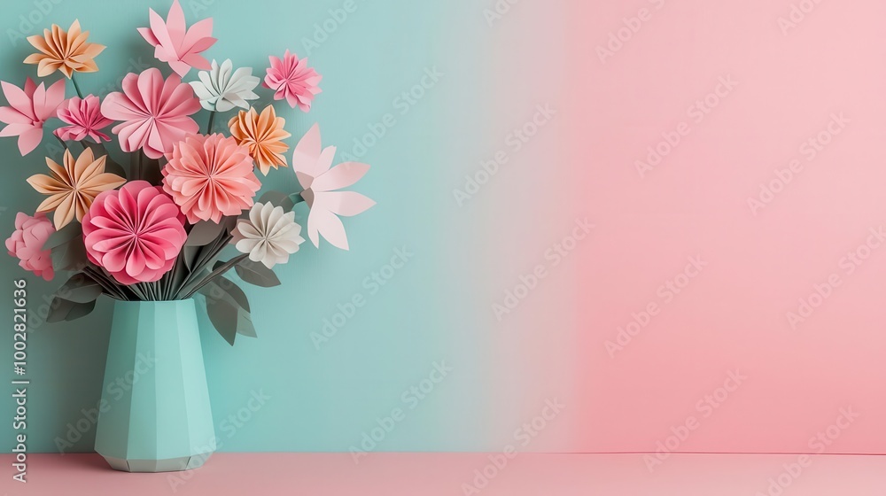 Fototapeta premium Intricate origami flower bouquet made from pastel paper, arranged in a decorative vase, origami flowers, handmade gift