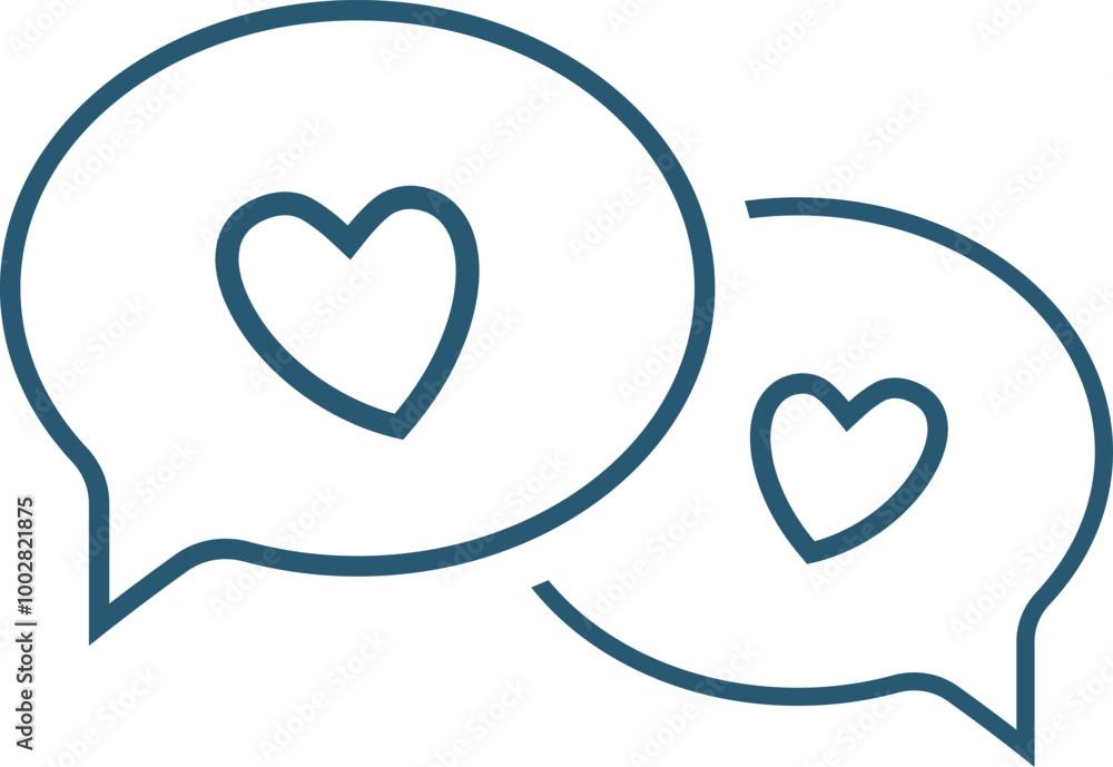Icon of two chat bubbles with heart symbols. Outline vector illustration with transparent background. Icon of two chat bubbles with heart symbols. Outline vector illustration with transparent background.