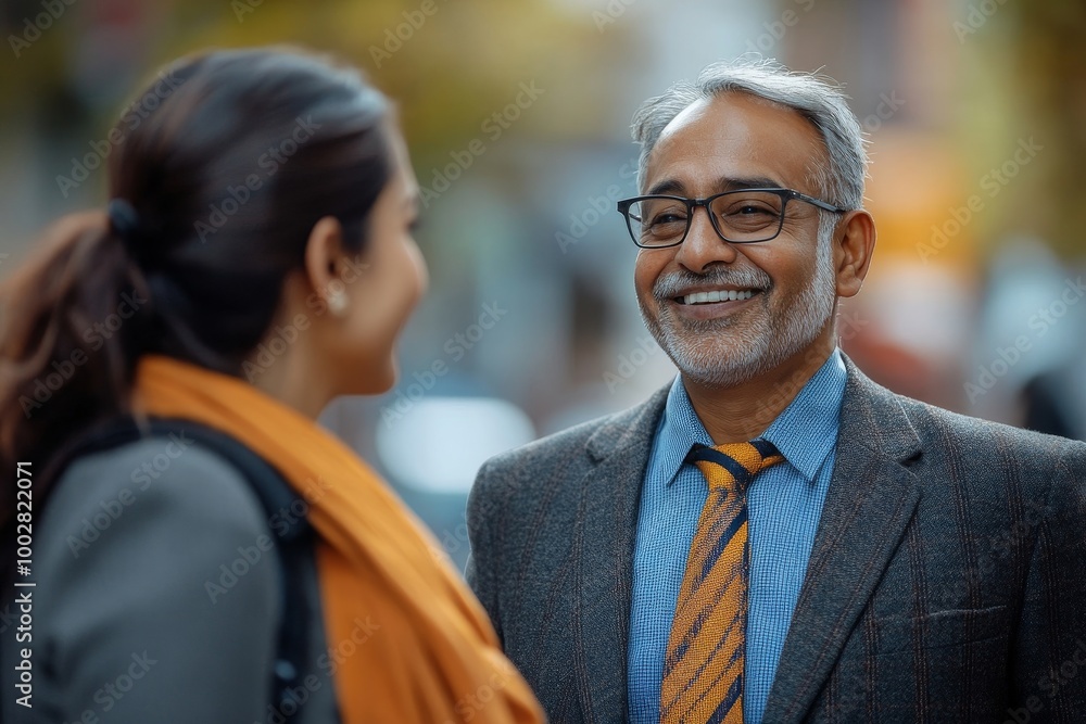 Indian businessman meeting with businesswoman outdoors in the city, Generative AI Indian businessman meeting with businesswoman outdoors in the city, Generative AI
