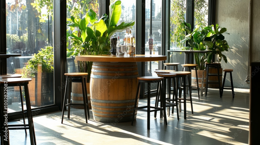 Side view of stools at a bar, featuring a barrel as a table in the background, large clear windows letting in sunlight Side view of stools at a bar, featuring a barrel as a table in the background, large clear windows letting in sunlight