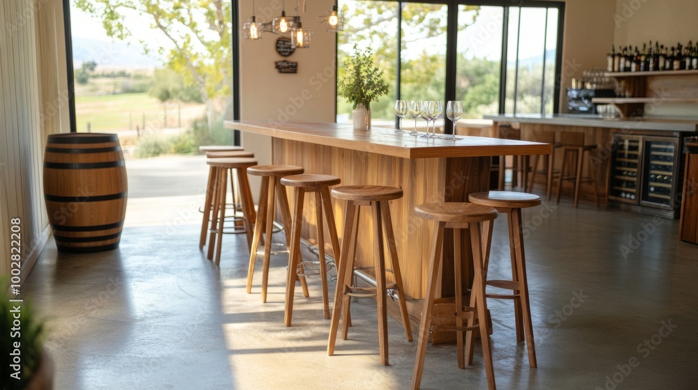 Side view of stools grouped in a bar, a barrel table in the background, clear windows for natural light. Side view of stools grouped in a bar, a barrel table in the background, clear windows for natural light.