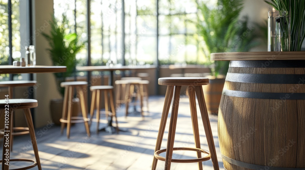 Obraz premium Side view of stools in a restaurant, with a barrel table in the background, bright natural light from clear windows.