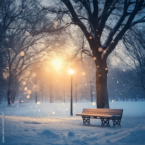 Golden hour in the frosty forest photo