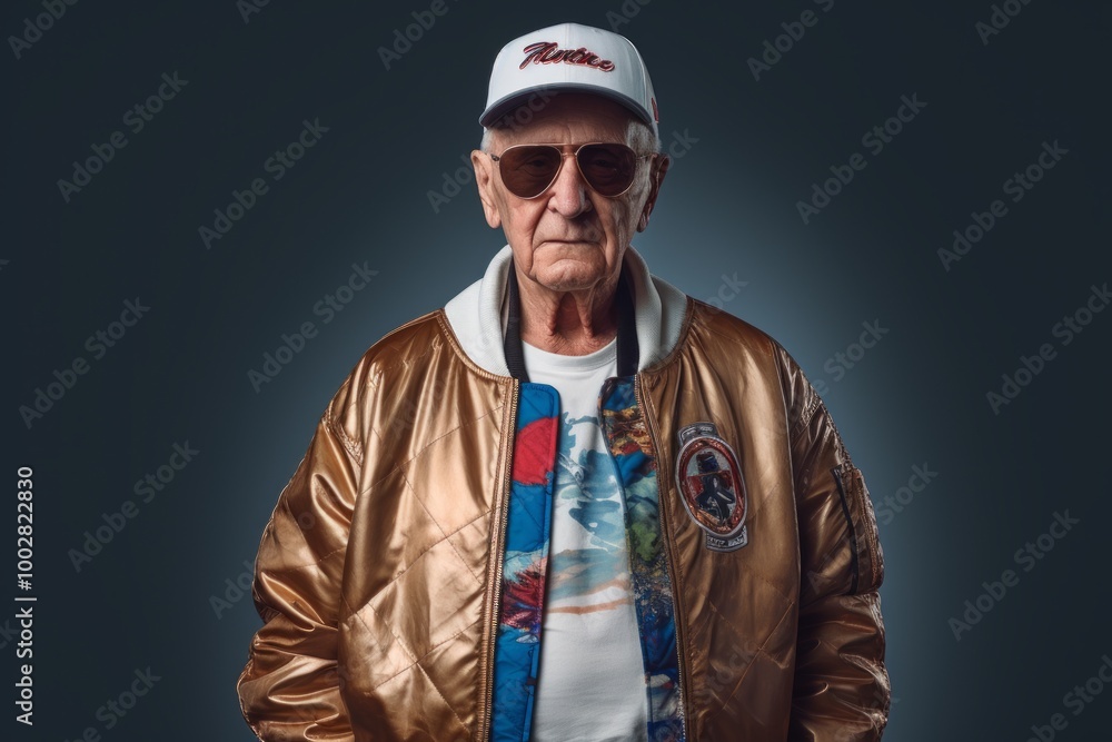 Fototapeta premium Portrait of a tender elderly man in his 90s wearing a trendy bomber jacket isolated on plain white digital canvas