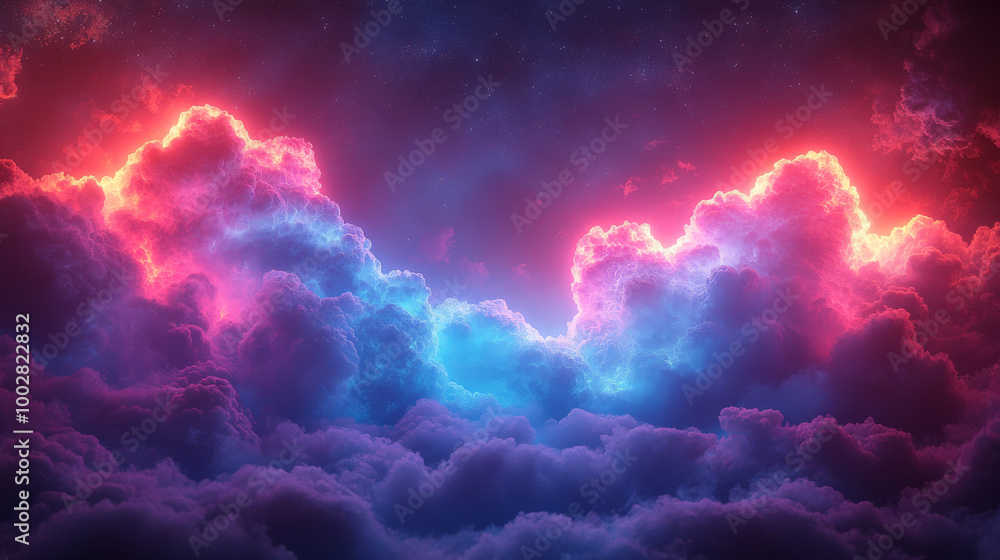 A vibrant, colorful sky filled with pink and blue clouds. A vibrant, colorful sky filled with pink and blue clouds.