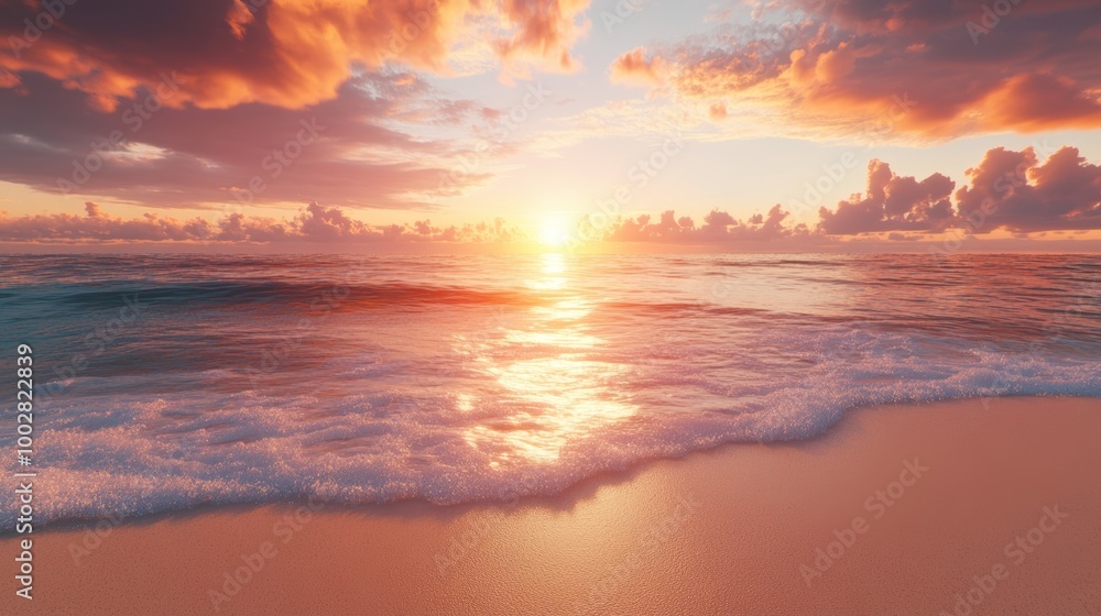 A quiet beach at sunset, the sky ablaze with orange and pink A quiet beach at sunset, the sky ablaze with orange and pink