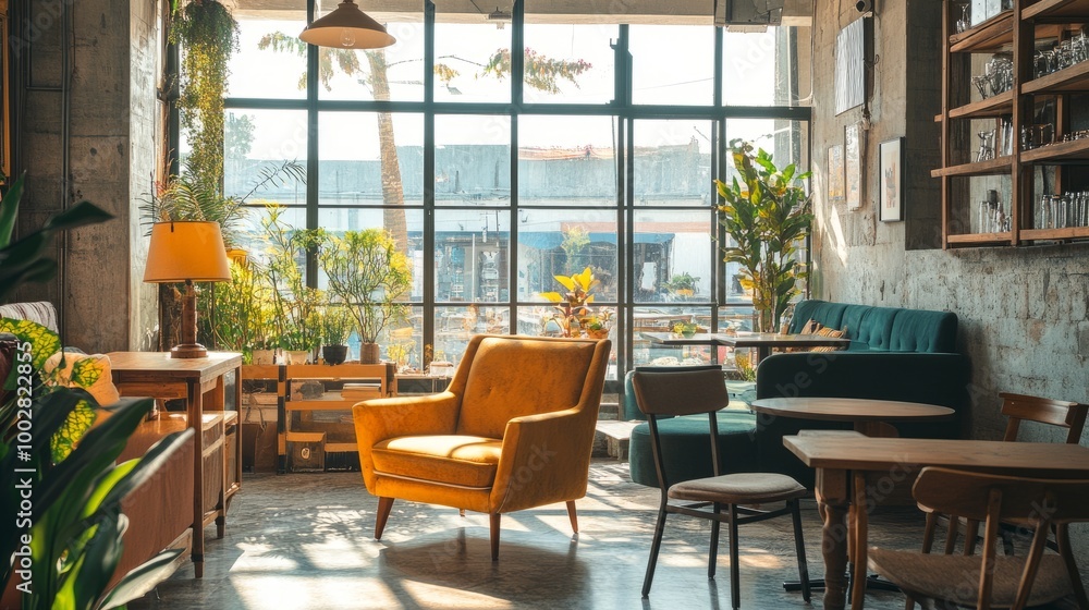 Stylish and modern cafe with an armchair, table, and cozy eating area with a couch and a lamp, large clear windows filling the space with light. Stylish and modern cafe with an armchair, table, and cozy eating area with a couch and a lamp, large clear windows filling the space with light.