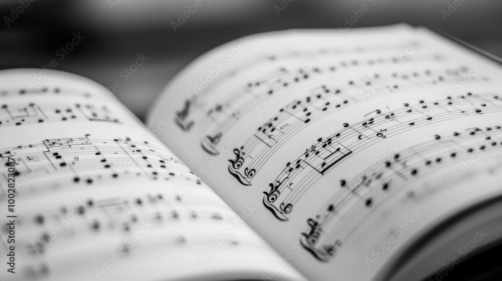 Naklejka premium Close-up view of an open music book displaying black and white notes on a blurred background