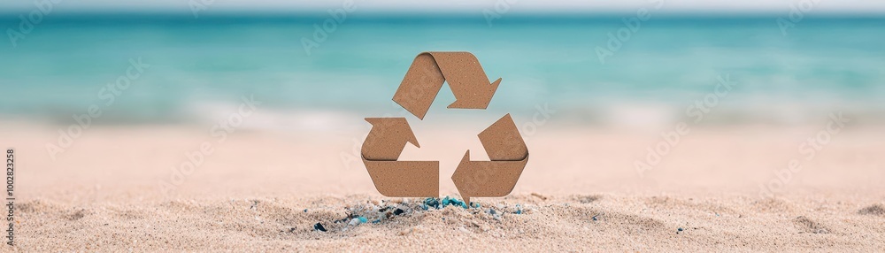 Naklejka premium Vast beach covered in marine debris, with a recycling symbol in the sand, representing the connection between waste, pollution, and recycling efforts