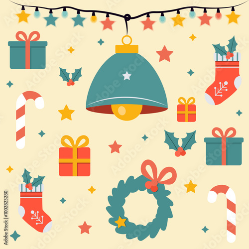 New Years Eve set with gift boxes, garland and Christmas wreaths. New Year attributes on yellow background
