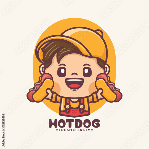 cute cartoon mascot with hotdog. Vector illustration for culinary business