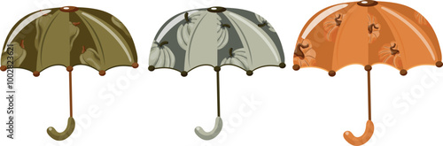 set with various designs of umbrellas, namely with the design of autumn pumpkins of different shapes and green and orange colors, vector