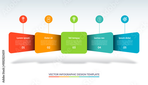 Infographic design template with 5 options, steps. Can be used for timeline visualization, graph, chart, report, web design. Vector illustration