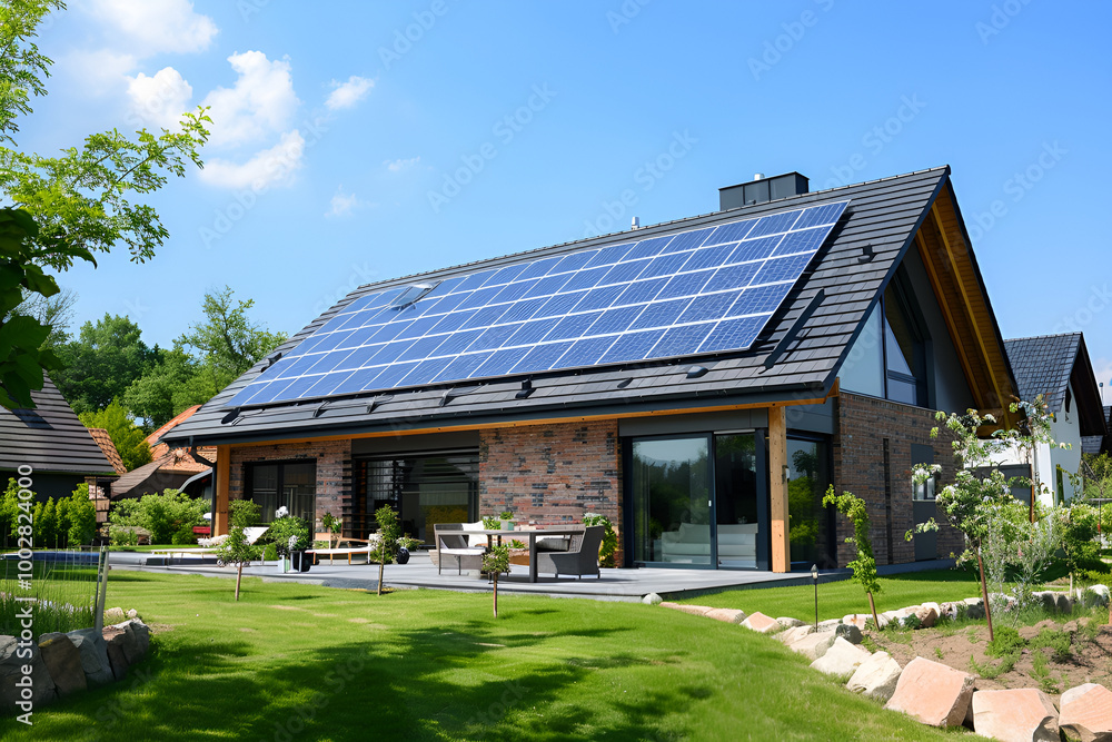 Solar panels installed on the roof of a wooden house ,Energy Efficient House With Solar Panels And Wall Battery For Energy Storage Solar panels installed on the roof of a wooden house ,Energy Efficient House With Solar Panels And Wall Battery For Energy Storage