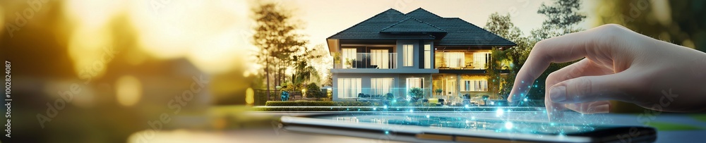 Fototapeta premium A hand interacts with a digital interface in front of a modern house, symbolizing smart property management and technology integration.