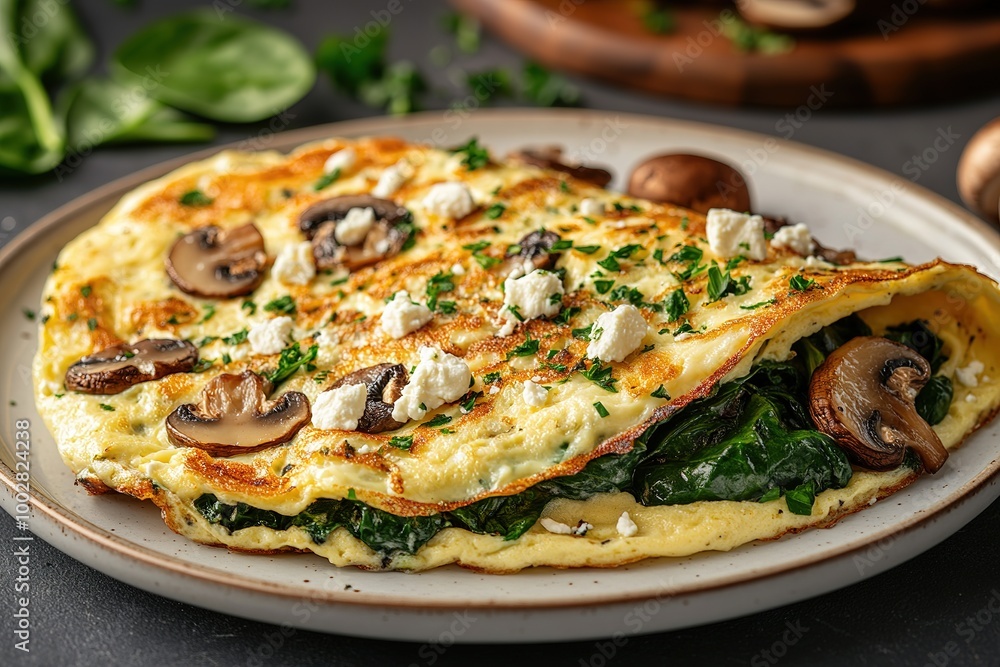 Fresh homemade omelette with mushrooms, feta cheese and herbs. A healthy protein breakfast with mushrooms and spinach Fresh homemade omelette with mushrooms, feta cheese and herbs. A healthy protein breakfast with mushrooms and spinach