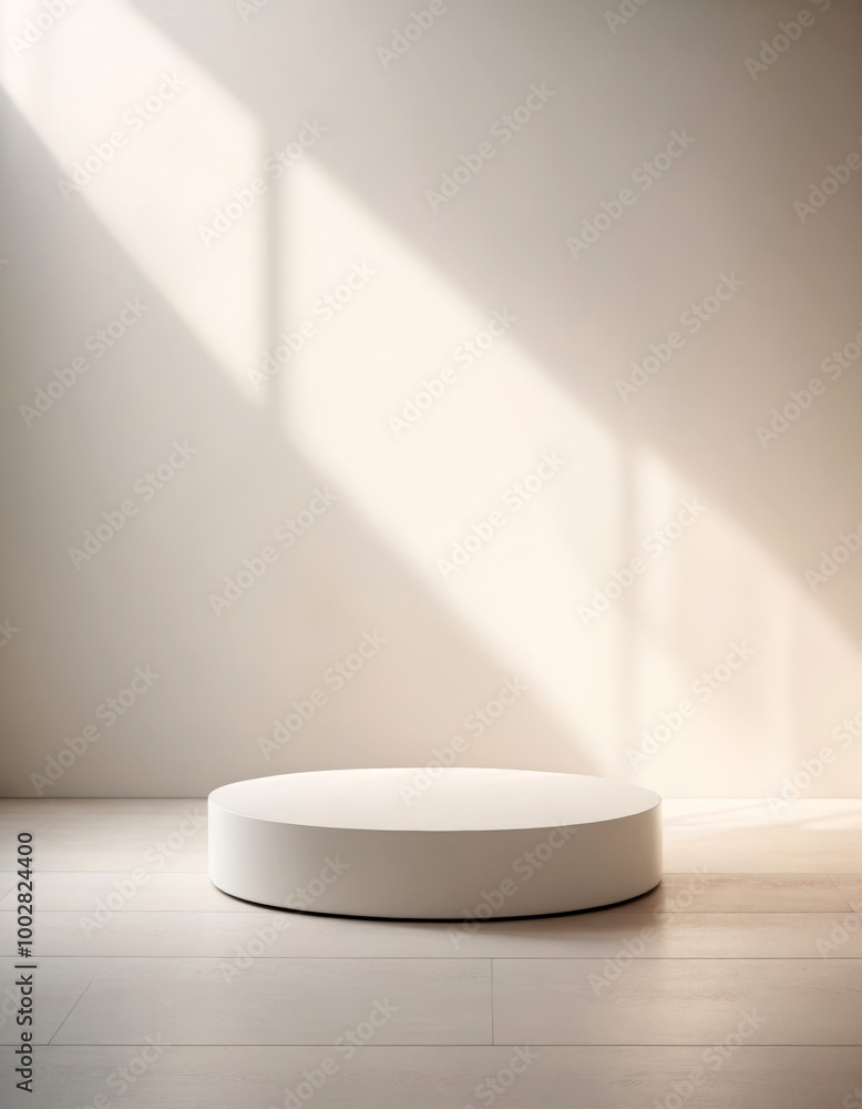 White round pedestal for displaying goods against a background of light rays White round pedestal for displaying goods against a background of light rays