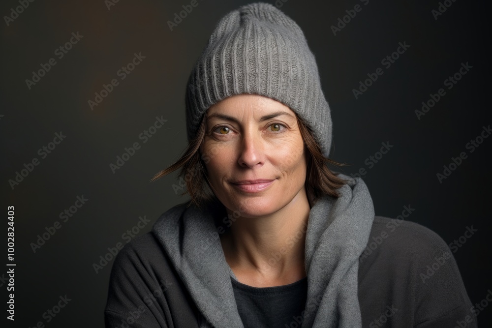 Portrait of a happy woman in her 40s donning a warm wool beanie over bare monochromatic room Portrait of a happy woman in her 40s donning a warm wool beanie over bare monochromatic room