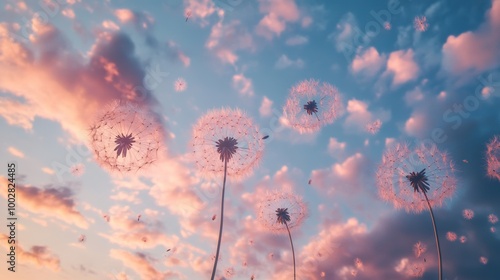 A romantic twilight sky with clouds shaped like dandelion seeds, softly glowing in a warm