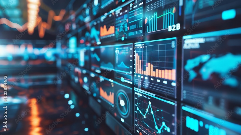 A wall of digital screens displaying financial data and charts. A wall of digital screens displaying financial data and charts.