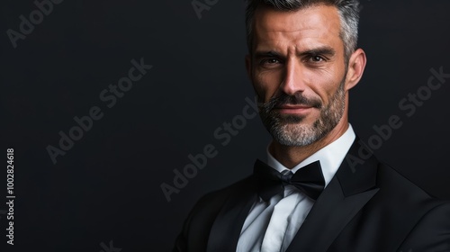 Portrait of a handsome man in a tuxedo with a confident expression.