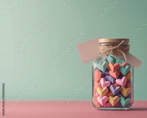 Tiny origami hearts in vibrant colors, placed in a glass jar with a thank you note, origami hearts, thank you gift