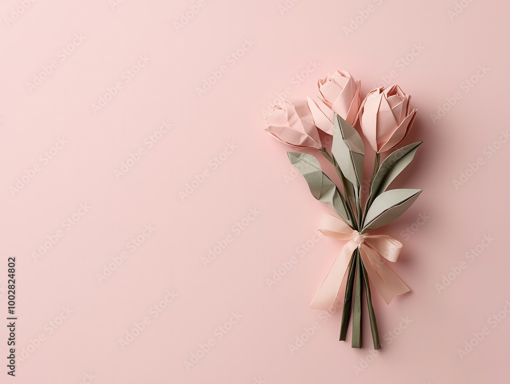 Fototapeta premium Set of origami flowers with stems, tied together with a ribbon, origami bouquet, flower arrangement gift