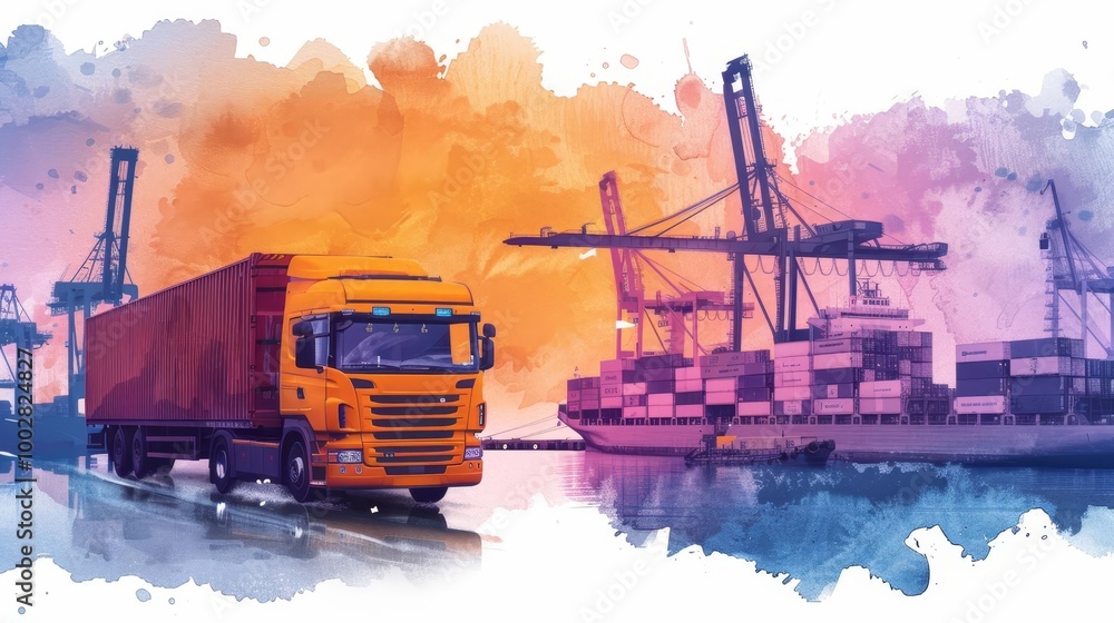 Watercolor illustration of a truck, cargo ship and cranes at a busy port. Watercolor illustration of a truck, cargo ship and cranes at a busy port.