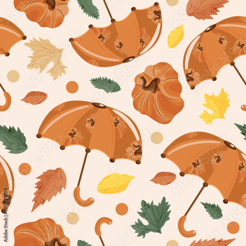 seamless autumn pattern with umbrellas with design of orange pumpkins, pumpkins and autumn leaves on white background, vector