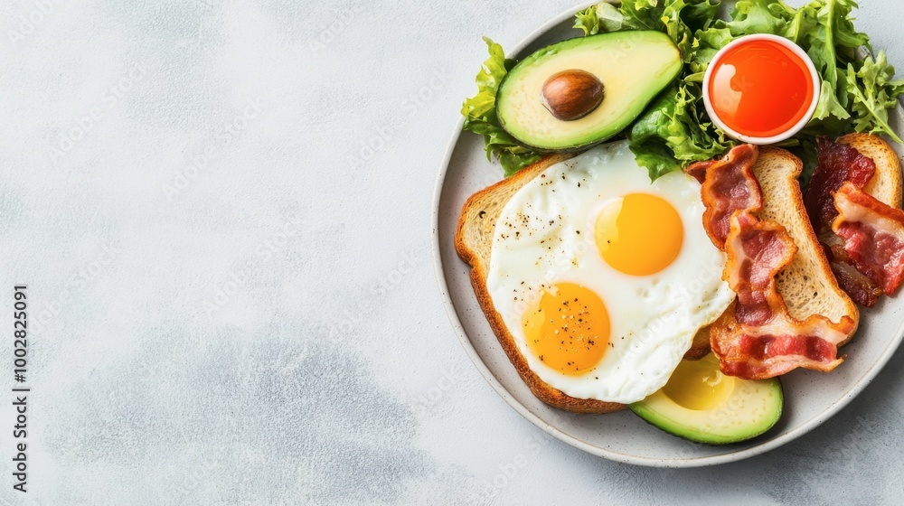 Top view of a hearty breakfast with eggs, bacon, toast, and avocado. Copy space on the side. Top view of a hearty breakfast with eggs, bacon, toast, and avocado. Copy space on the side.
