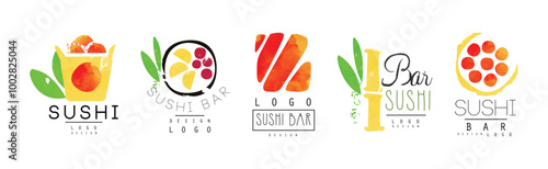 Sushi Bar Logo Design with Japanese Food Vector Set