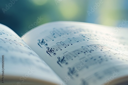 Detailed close-up of sheet music showcasing intricate notes in a blurred background photo