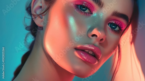 Closeup portrait of a beautiful woman with pink eyeshadow and glossy lips.