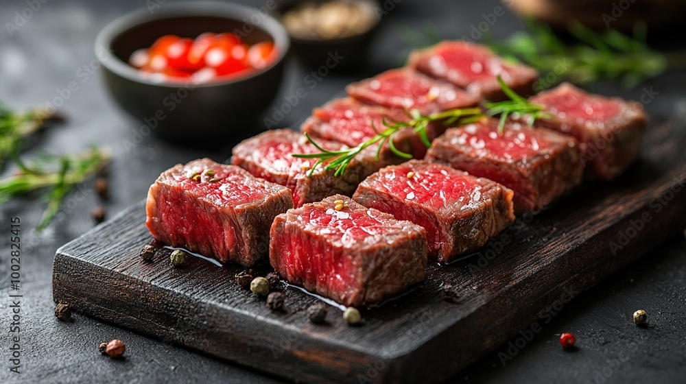 Close Up of Seared Beef Steaks on a Cutting Board Close Up of Seared Beef Steaks on a Cutting Board