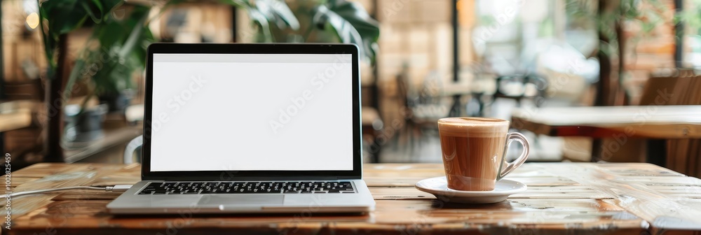Laptop with blank screen on a wooden table in a cafe with a cup of coffee. Laptop with blank screen on a wooden table in a cafe with a cup of coffee.