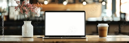 Wallpaper Mural Laptop with blank screen on wooden table, beside coffee cup and flower vase. Torontodigital.ca