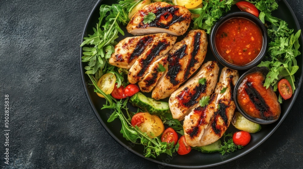 Top view of a plate of grilled chicken with vegetables and a dipping sauce. Copy space. Top view of a plate of grilled chicken with vegetables and a dipping sauce. Copy space.