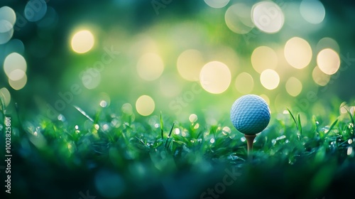 Close-up of a golf ball on a tee with a vibrant green grass background, soft bokeh lights creating a dreamy effect