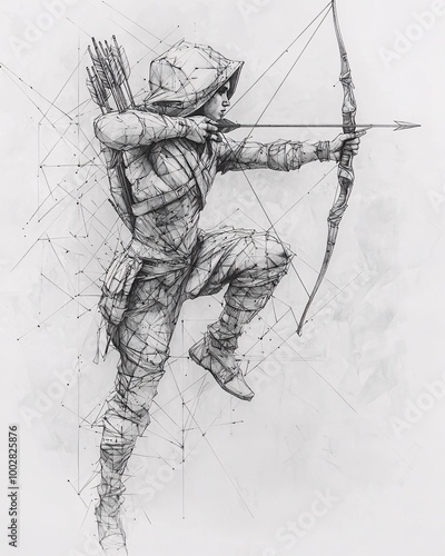 Abstract geometric Sagittarius zodiac sign tattoo design with archery bow and arrow made of clean lines and geometric shapes