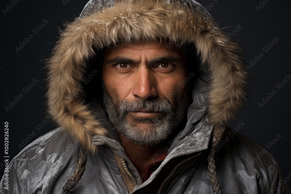 Portrait of a glad indian man in his 50s wearing a warm parka isolated on bare monochromatic room Portrait of a glad indian man in his 50s wearing a warm parka isolated on bare monochromatic room