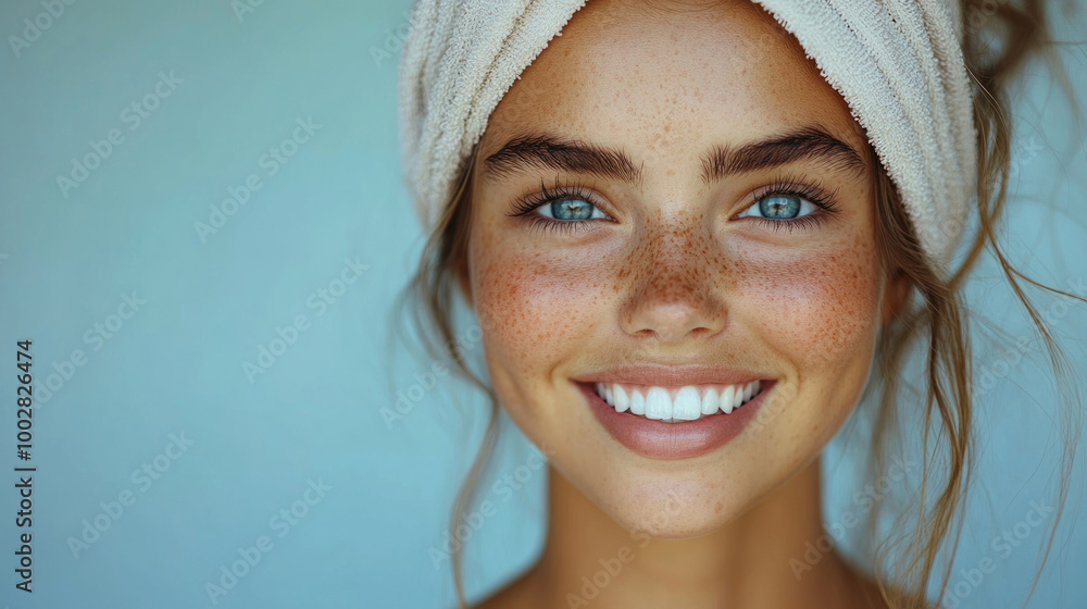 The young woman with brown hair smiles brightly, revealing her freckles and blue eyes, radiating joy and natural beauty in a soft atmosphere The young woman with brown hair smiles brightly, revealing her freckles and blue eyes, radiating joy and natural beauty in a soft atmosphere