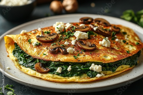 Fresh homemade omelette with mushrooms, feta cheese and herbs. A healthy protein breakfast with mushrooms and spinach