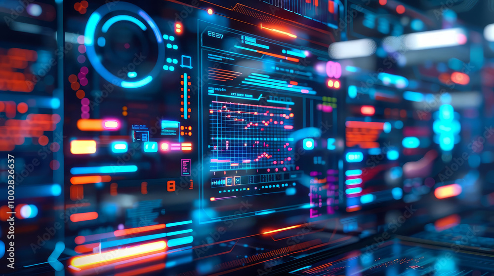 Abstract futuristic digital interface with glowing blue and red lights. Abstract futuristic digital interface with glowing blue and red lights.