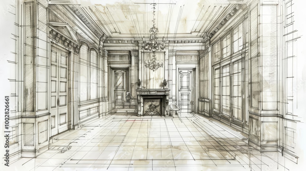 Fototapeta premium Hand drawn sketch of a luxurious living room with fireplace and chandelier.