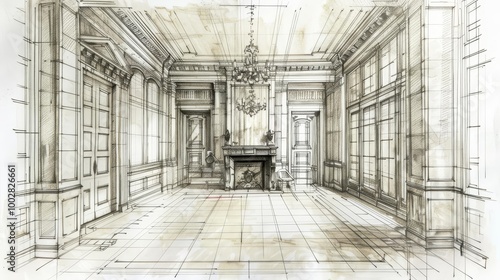 Hand drawn sketch of a luxurious living room with fireplace and chandelier.